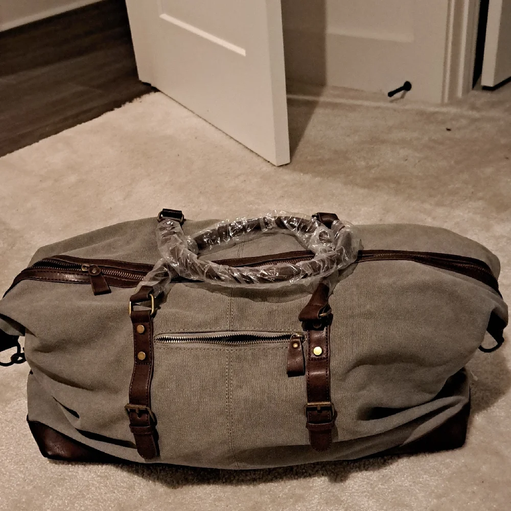 Rugged Canvas Duffel Bag Distressed Grey Brown Faux Leather Weekender Travel NEW